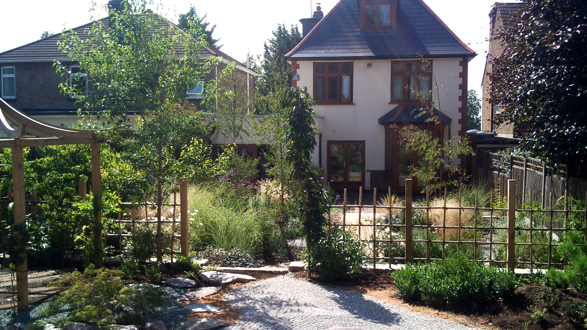 Wildlife pond full of flowers and with seating and enclosed areas